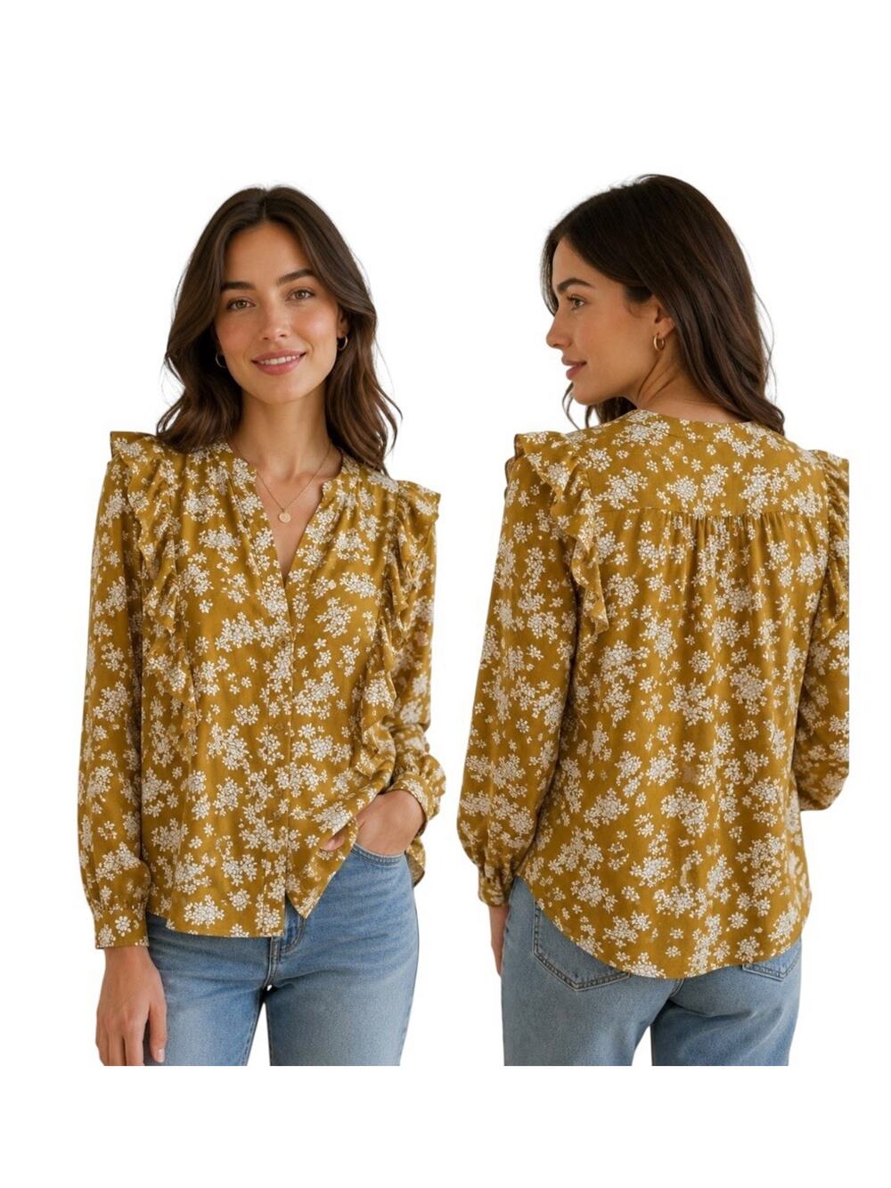 Ann Taylor Blouse Size, XL Mustard, Floral Ruffle Button Front Cottage Core
